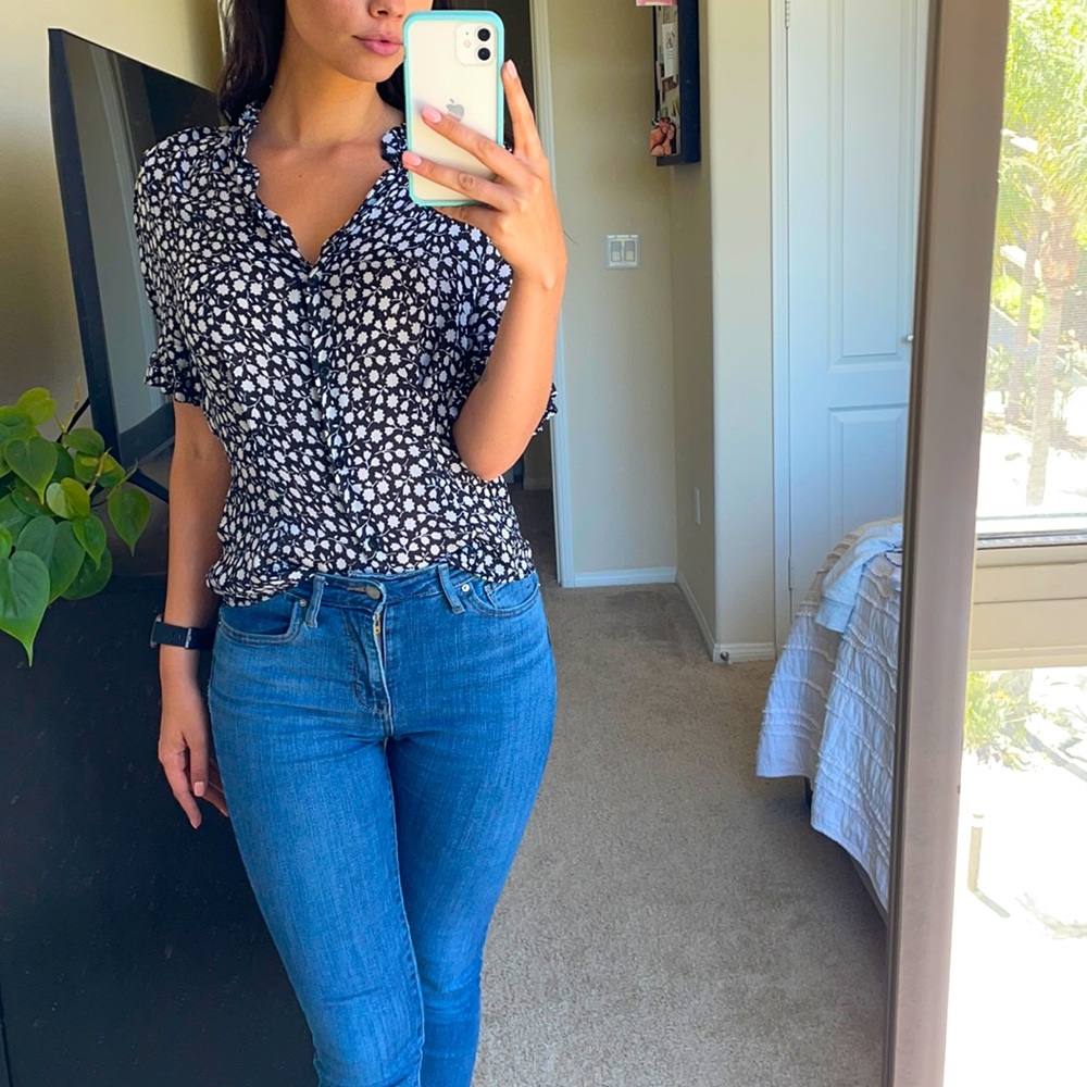 Floral Short Sleeve Button Up Blouse